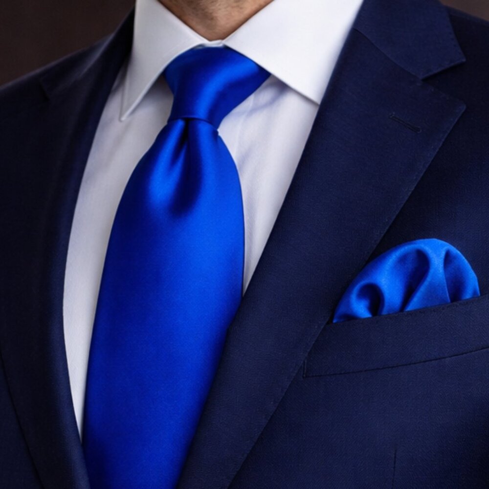 Smooth Blue Necktie Set with Hanky and Cufflinks